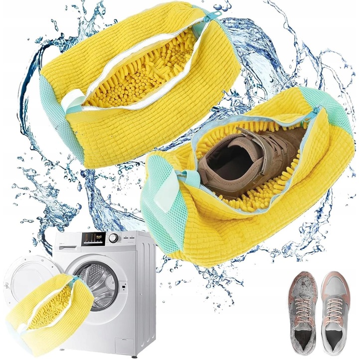 Set 2 saci pentru spalarea incaltamintei, galbeni, XXL, cu perie textila si plasa de protectie