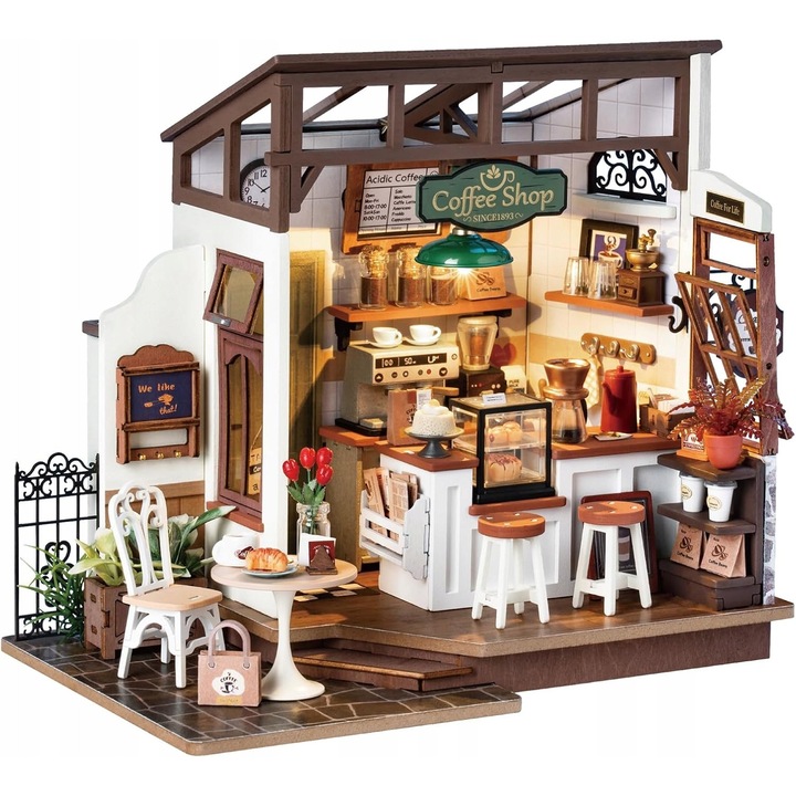 Casuta de papusi miniaturala cu tema de cafenea, iluminare LED, dimensiuni 25x15x19,5cm, set de montaj din lemn