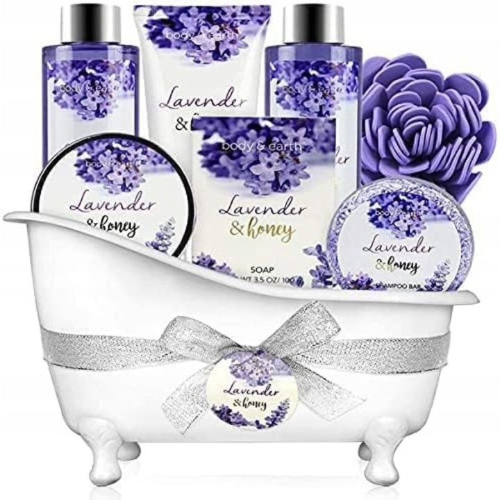 Set de ingrijire SPA cu lavanda, 8 elemente, gel de dus 155 ml, balsam de corp 100 ml, saruri de baie 60 ml, multicolor