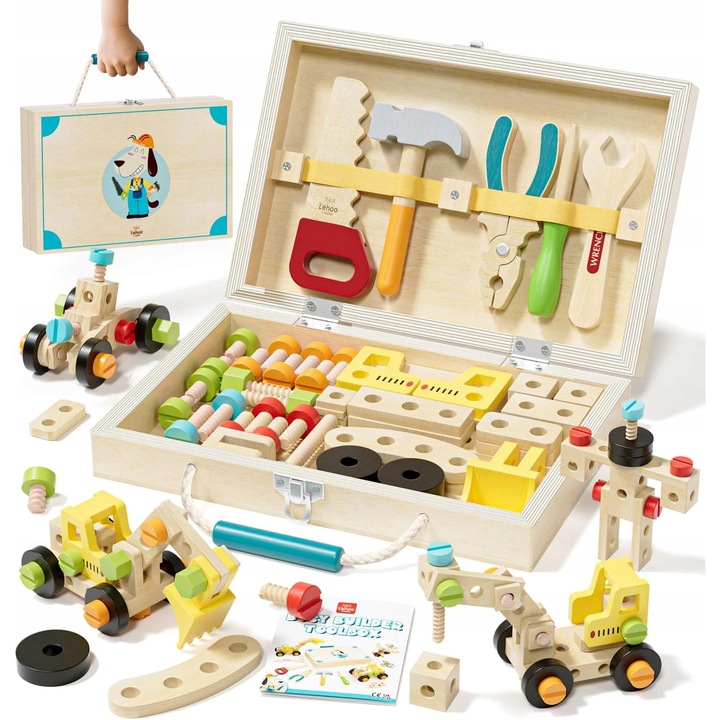 Trusa unelte din lemn pentru copii, set cu accesorii educationale, motiv catel, 28,5x21x5,8cm