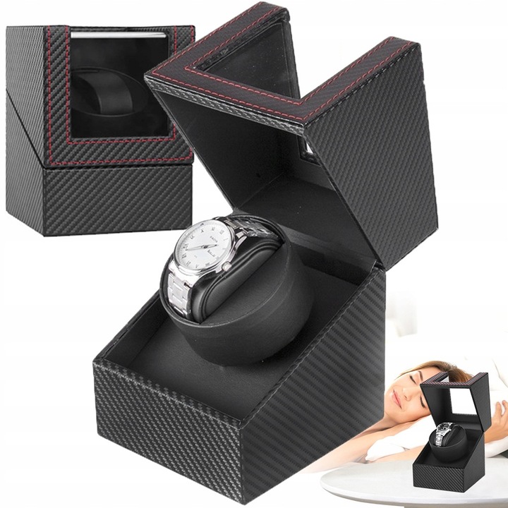 Cutie automata pentru invartit ceasuri, neagra, 12x13x16cm, set cu cablu USB si stergator