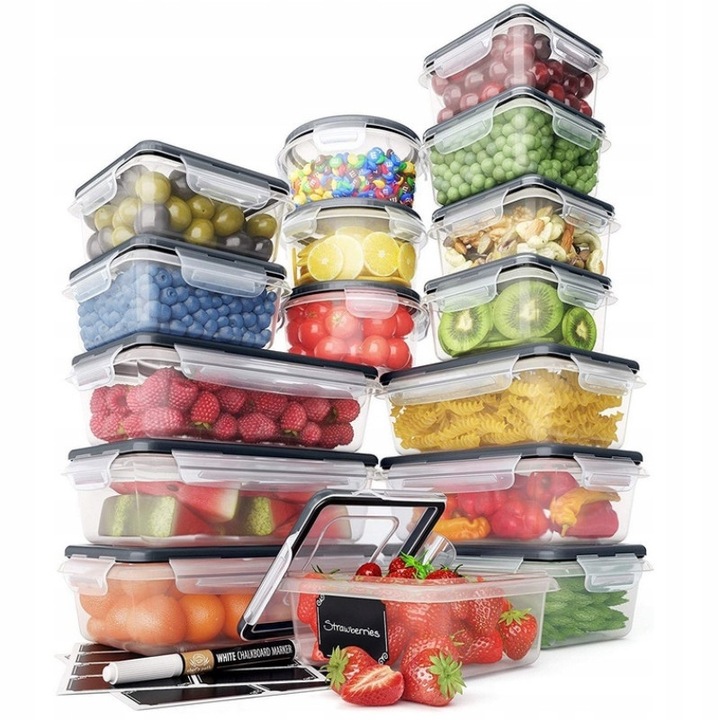 Set de 32 recipiente alimentare, 16 recipiente premium fara BPA, etichete reutilizabile, multicolor