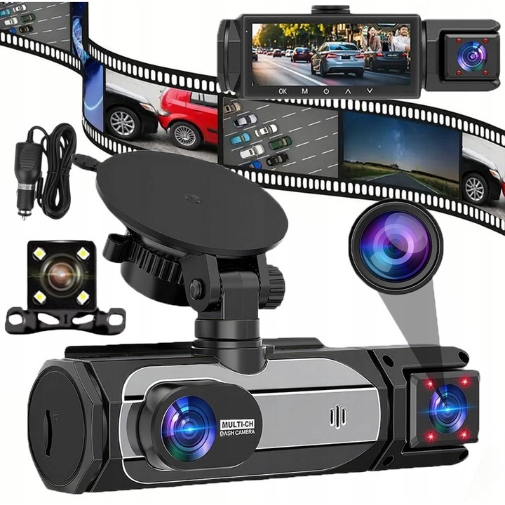 Camera auto DVR BEDEE set 3 canale, 170° + 150° + 120°, 1920x1080P, 3,16 inch