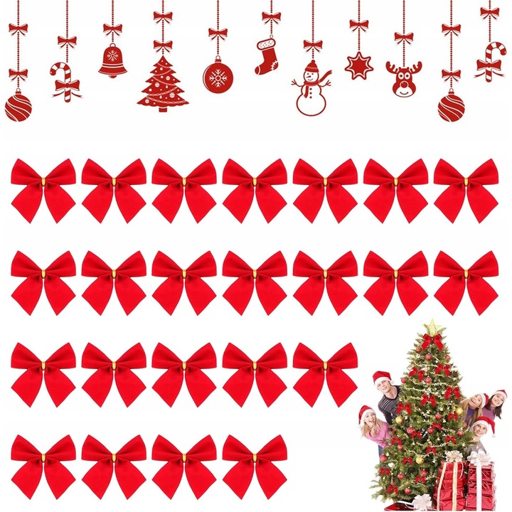 Set 24 kokardele festive rosii din catifea cu dracusor metalic, pentru brad, ghirlande, decoratiuni de Craciun