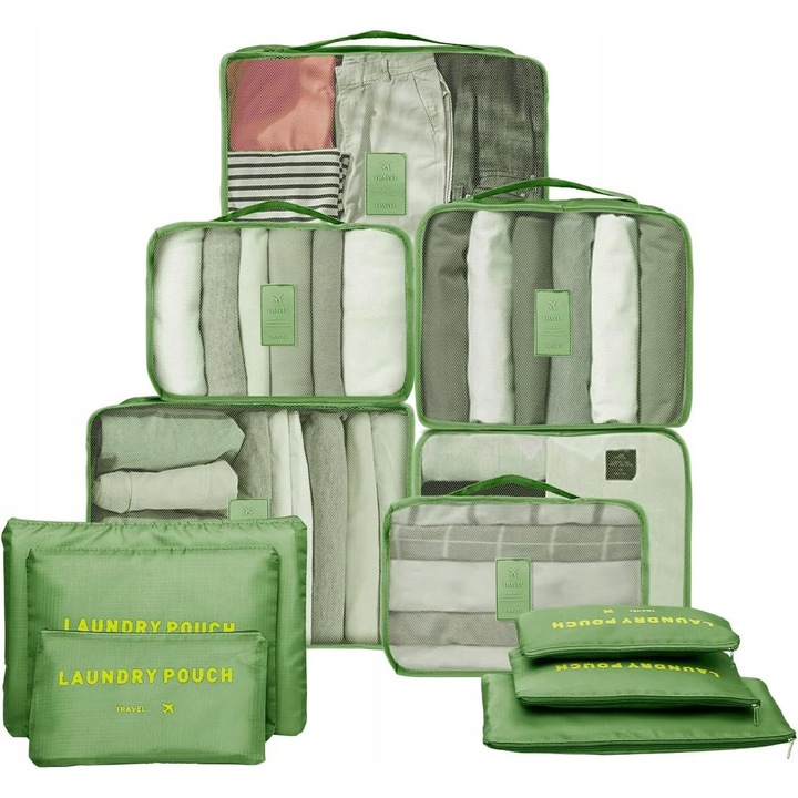Set organizere pentru valiza 12 piese, material Oxford, verde, dimensiuni 40x30x12cm