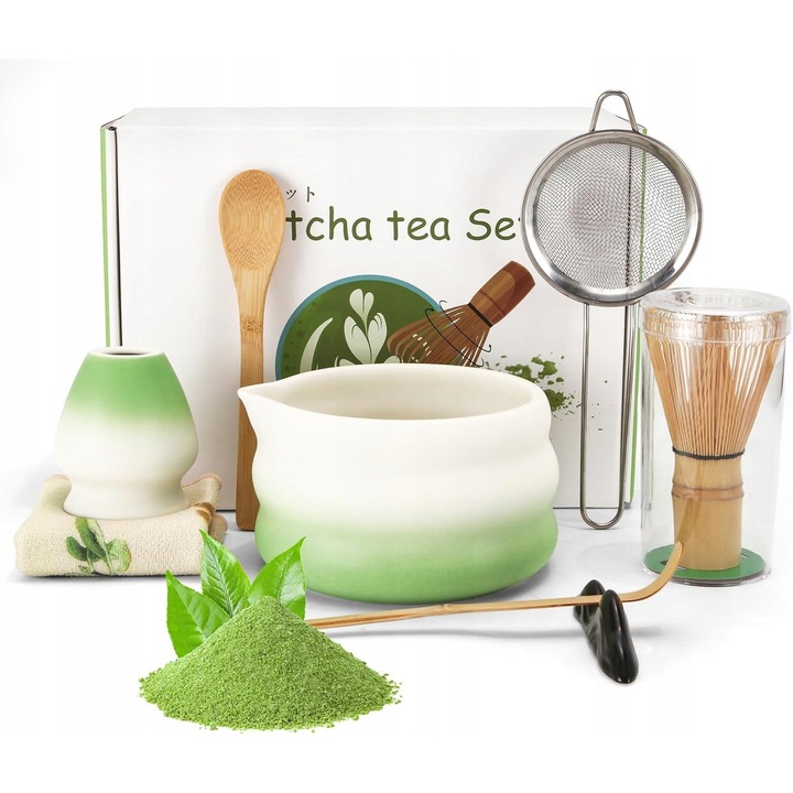 Set accesorii ceremonie matcha, 8 elemente, ceramica verde, bambus
