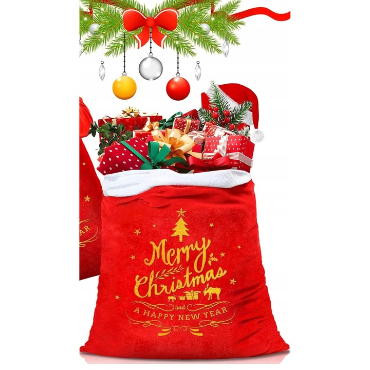 Set 2 saci de cadouri rosii 100x70cm, material rezistent, design festiv