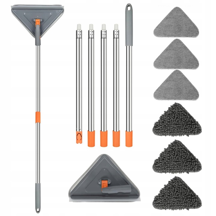Mop triungiular rotativ, 5 tije din otel inoxidabil, 3 lavete din schenil, 3 lavete din microfibra, gri, 25-85in