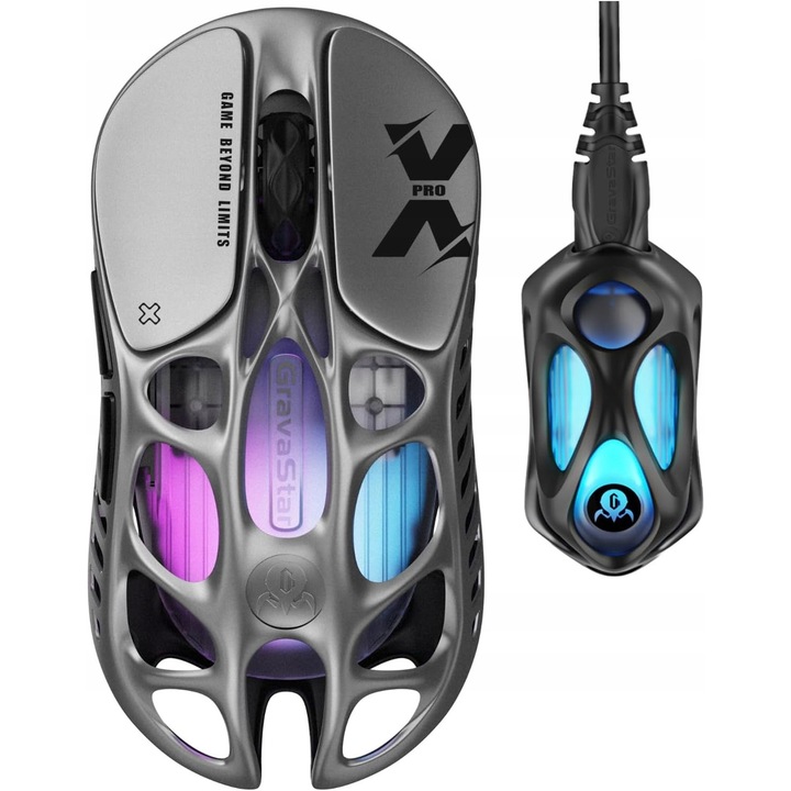 Mouse gaming fara fir LAM63EM5O, ultrausor 49 g, pana la 32.000 DPI, RGB, dual wireless/prin cablu, 5 butoane, gri