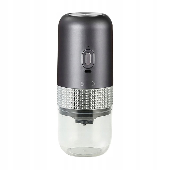 Mlin de cafea electric, 200ml, compact, gri, set cu cablu de incarcare si perie de curatare, 7,5x18,8cm
