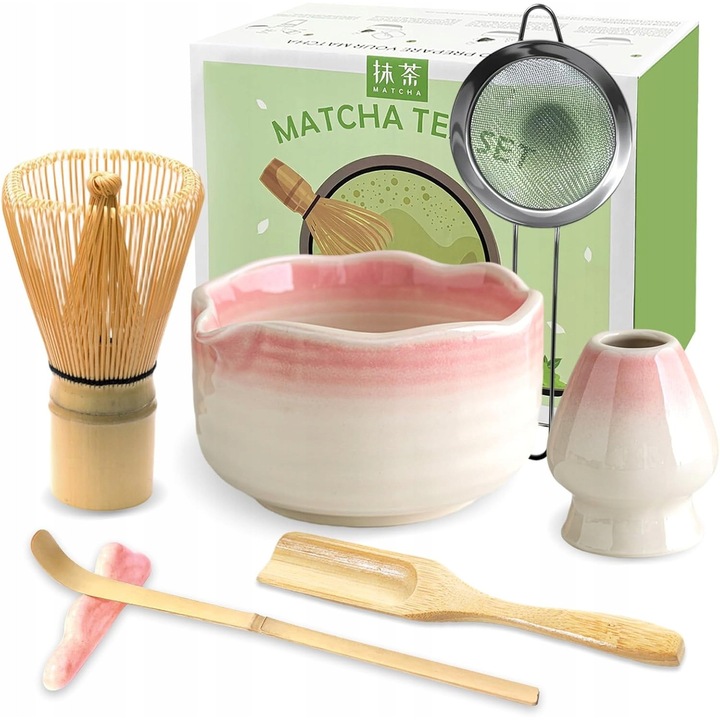 Set accesorii ceremonie matcha, 7 elemente, ceramica, 500ml, roz gradient