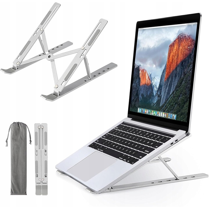 Suport laptop reglabil din aluminiu, 10-18 inci, gri, 7 niveluri de inaltime, capacitate 20 kg