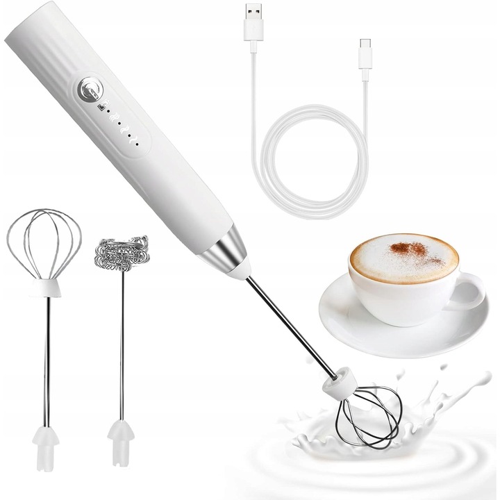 Spumator de lapte USB, 3 viteze, alb, pentru cappuccino, latte, cocktailuri