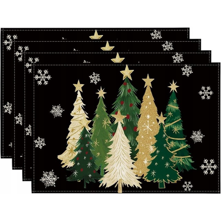 Set 4 servete festive cu motive de brad, 30x45cm, poliester, negru