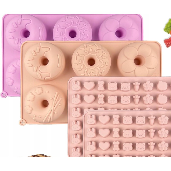 Set forme prajituri din silicon, 4 piese, roz, 2 forme pentru pachete (6 camere) si 2 forme pentru jeleuri (54 camere)