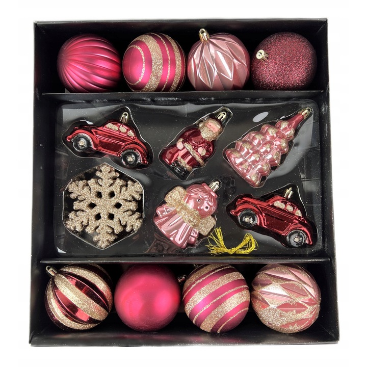 Set globuri de Craciun, 42 piese, rosii si verde-albe, 3x6 cm, din plastic, cu 2 conuri de brad