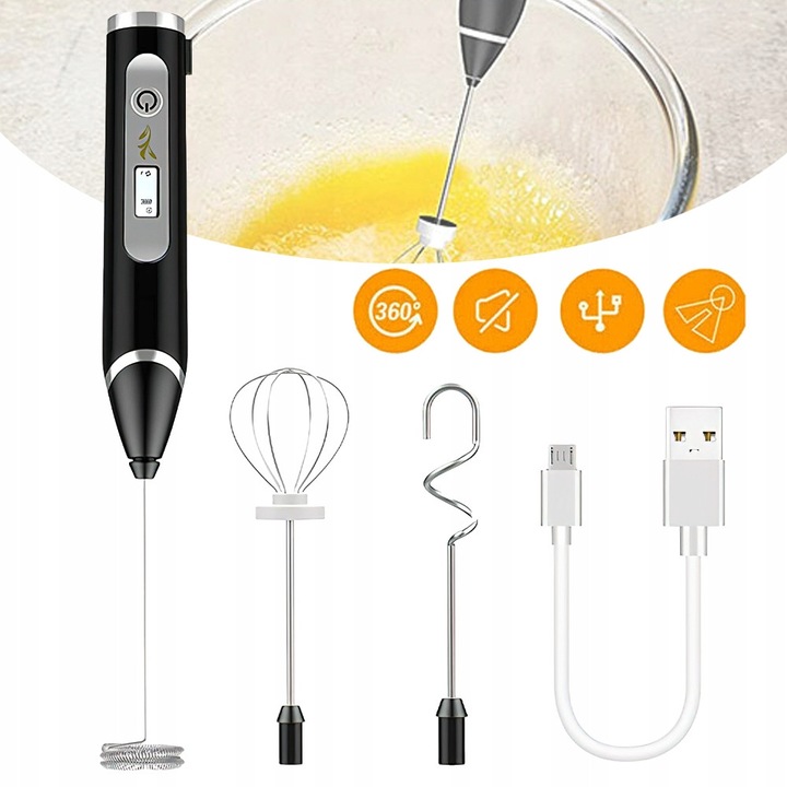 Spumant electric pentru lapte, 3 viteze, negru, set cu 2 capete de spumare, incarcare USB
