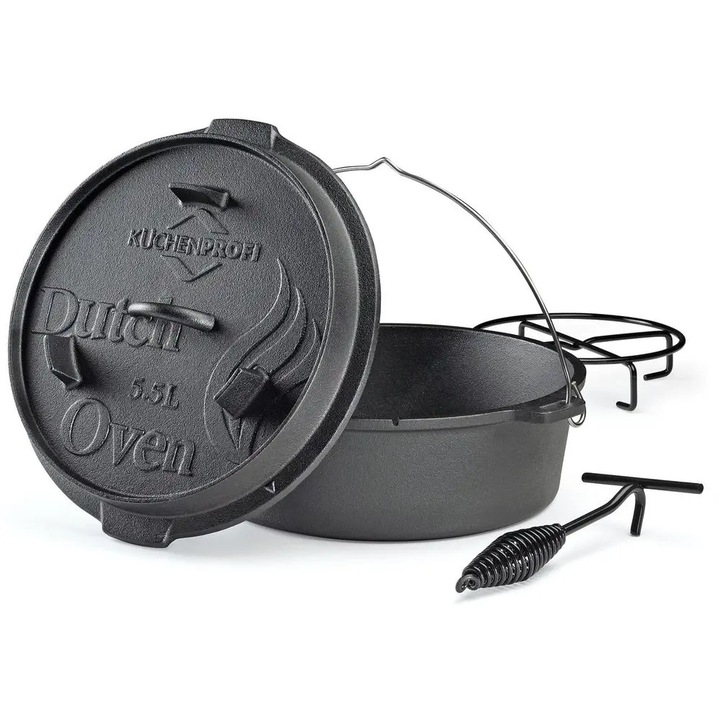 Комплект чугунен холандски съд (Dutch Oven), 5,5 л, O 30 см, с капак и стойка, за грил и фурна