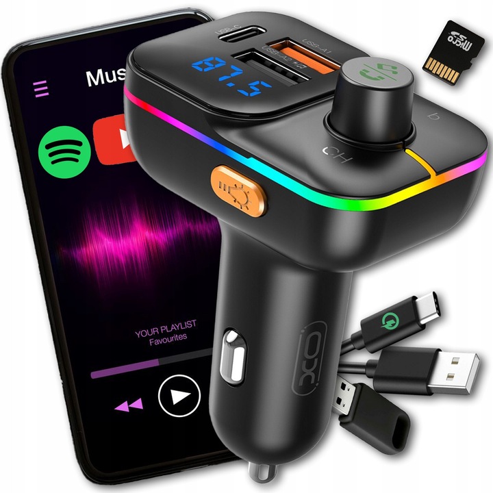 Transmiter Bluetooth 5.0, incarcator rapid QC 3.0, 3x USB, microSD, negru