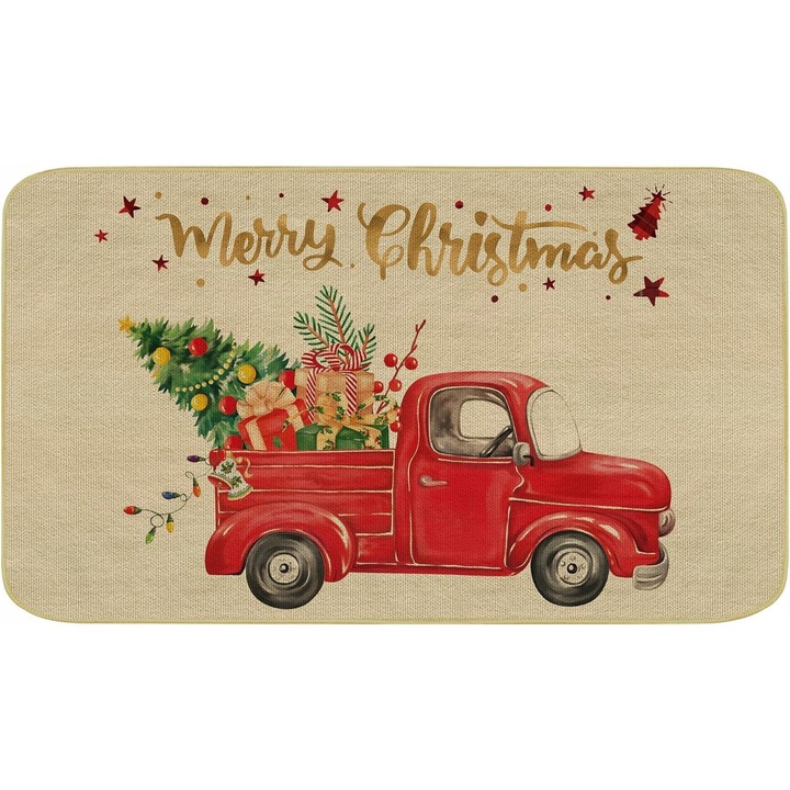 Karácsonyi témájú bejárati szőnyeg, teherautóval és fenyőfával, csúszásgátló, 43x74cm