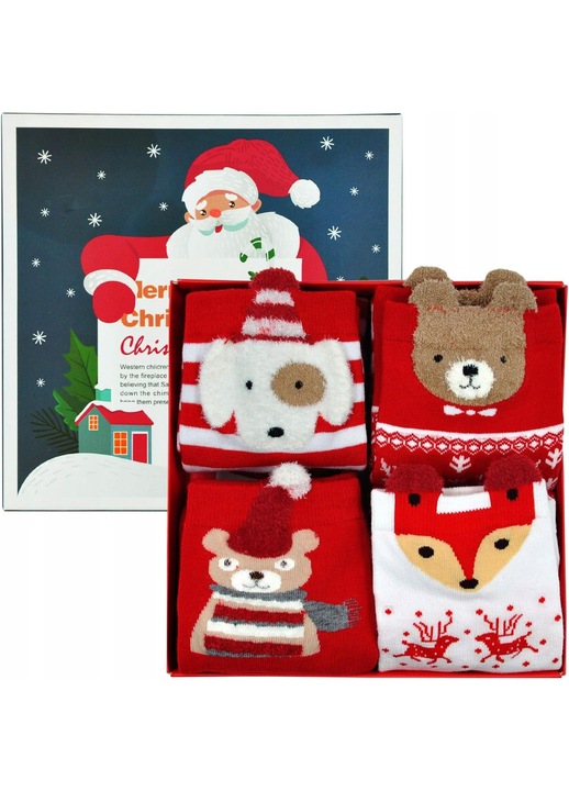 Sosete dama, 4 perechi, modele festive colorate, material bumbac moale, dimensiune 35-41, ambalate in cutie decorativa