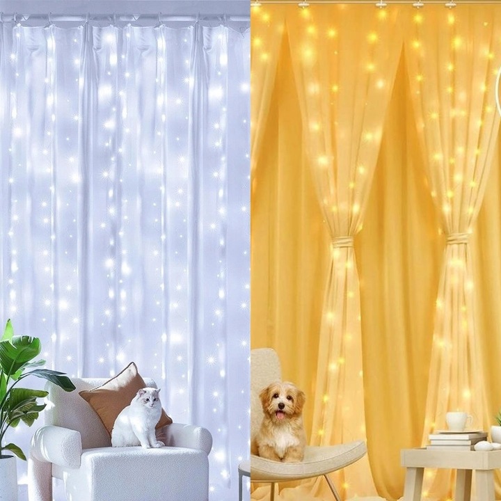 Cortina luminoasa 200LED, 3x2m, alb cald si alb deschis, cu telecomanda, 8 moduri de iluminare, set