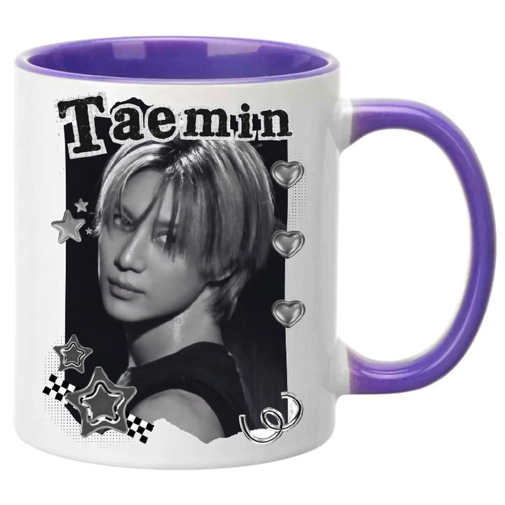 Cana ceramica 330ml alba cu accent mov, design modern, pentru cafea si ceai