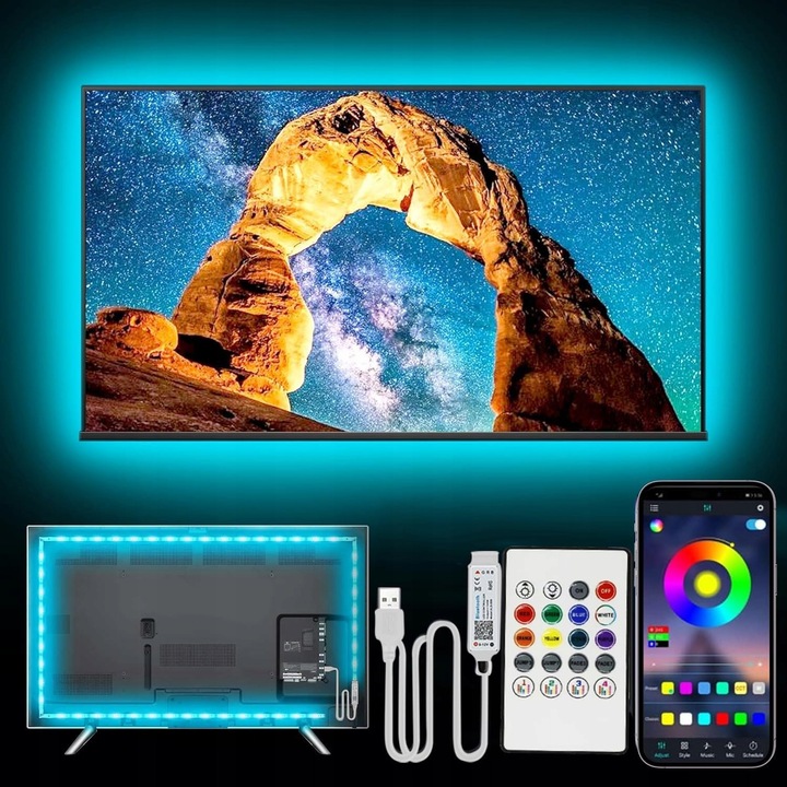 Banda LED RGB 5m, 16 milioane culori, control Bluetooth si telecomanda, pentru televizoare 65-75 inch, alimentare USB 5V