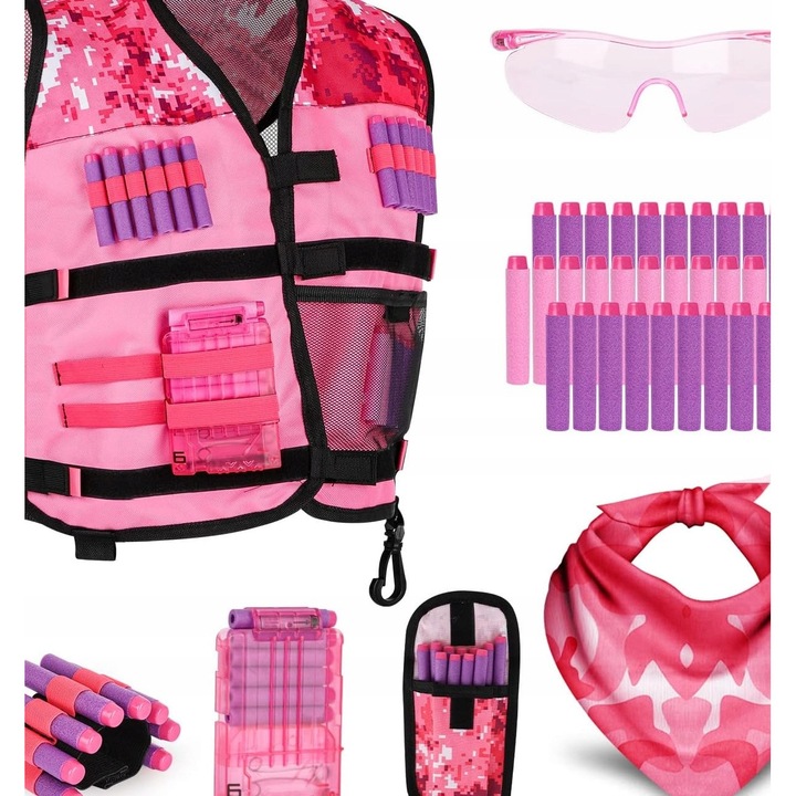 Set tactic pentru copii, roz, include vesta, masca, ochelari, 30 de sageti, 5-14 ani