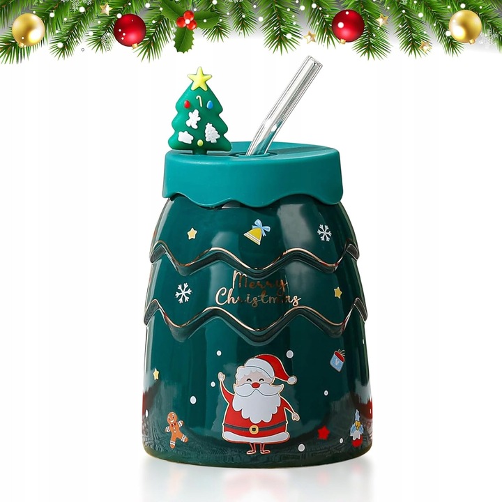 Cana ceramica festiva cu capac si pai, 450 ml, verde, motive de Craciun