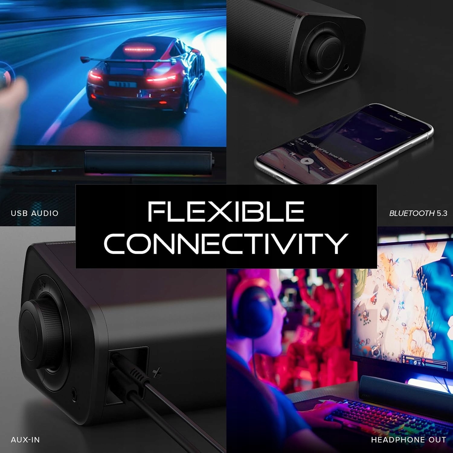 Soundbar RGB 24W Bluetooth USB-C Jack Kompaktowy