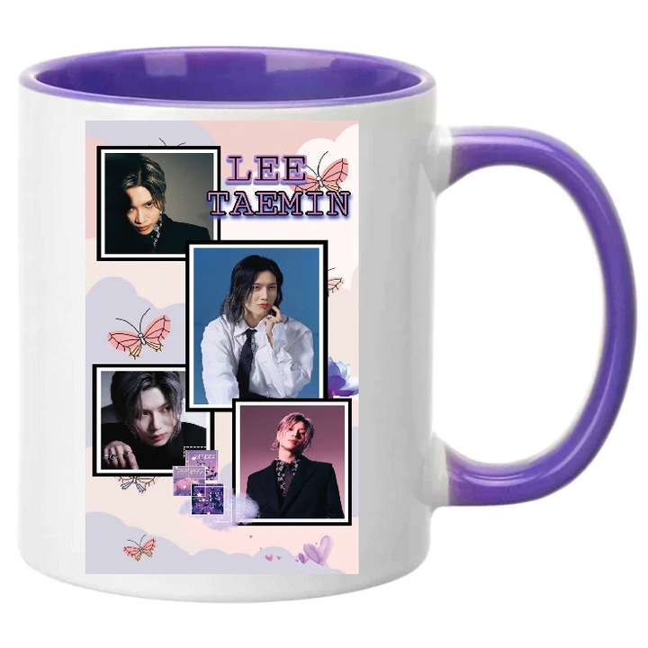 Cana ceramica 330ml alba cu accent mov, design modern, pentru cafea si ceai