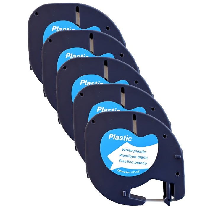 Pachet 5 bucati banda etichete plastic compatibila imprimante Dymo Letratag 91201 12 mm negru pe alb