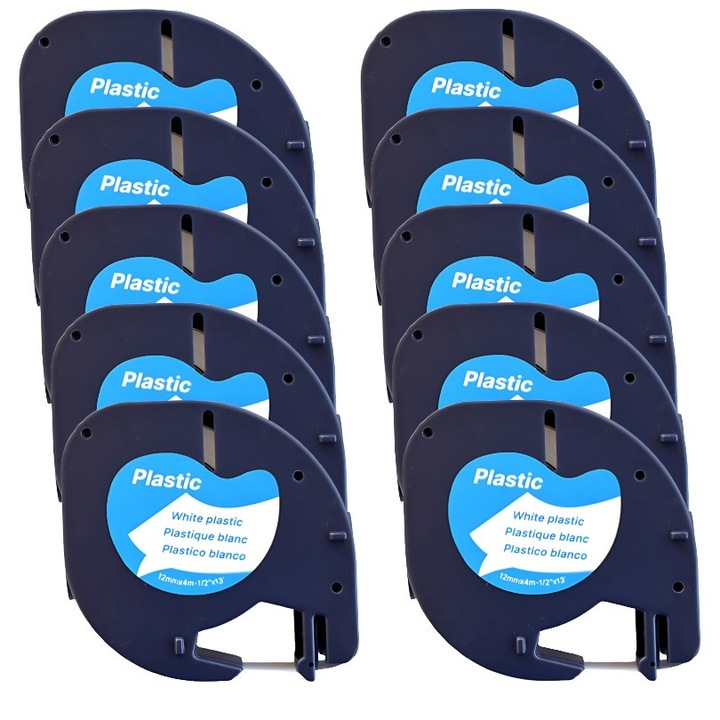 Pachet 10 bucati banda etichete plastic compatibila imprimante Dymo Letratag 91201 12 mm negru pe alb