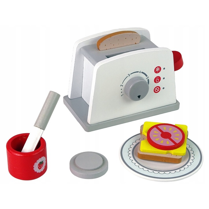 Toster din lemn, LEAN Toys, set cu accesorii, 15x9x11cm, multicolor