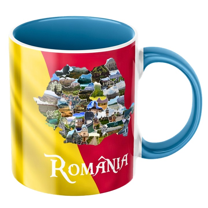 Cana Romania tricolor cu harta, atractii, obiective turistice design patriotic premium, cadou suvenir, ceramica, albastra, 330ml