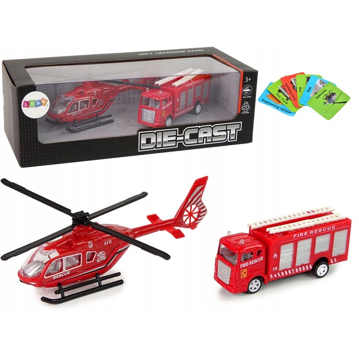 Set masinute pompieri cu elicopter, LEAN Toys, 10x4x6cm, 18x4x7cm, rosu