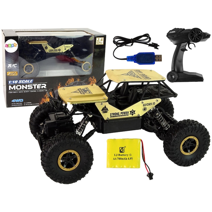 LEAN Toys RC autó 1:18, műanyag, lengéscsillapítók, fekete-arany, 26x14x17cm, szett távirányítóval és akkumulátorral
