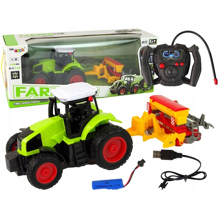 Tractor R/C cu Presa 1:16, LEANToys, verde, 19x13x12cm, pentru copii peste 6 ani
