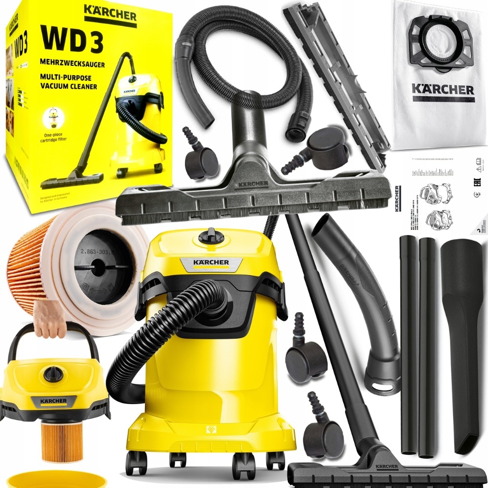 Aspirator Karcher WD3 1000W 17L uscat/umed, functie de suflare, galben, set complet
