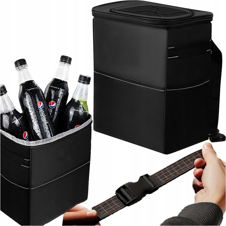 Cos de gunoi auto, Alogy, 8L, impermeabil, negru, cu 3 buzunare