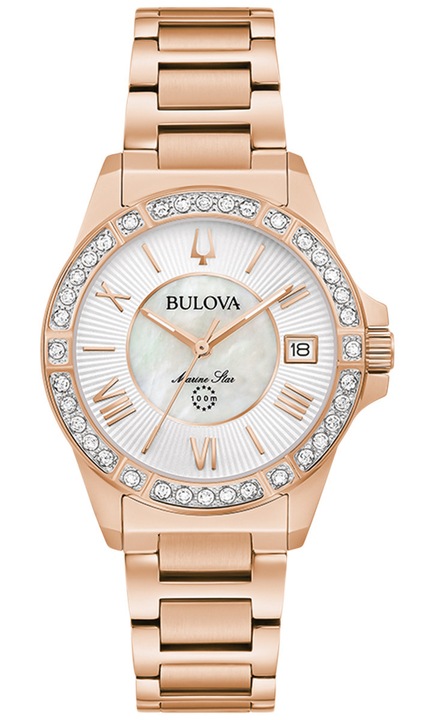 Ceas dama Bulova Marine Star, 32mm, roz auriu, alb, bratara