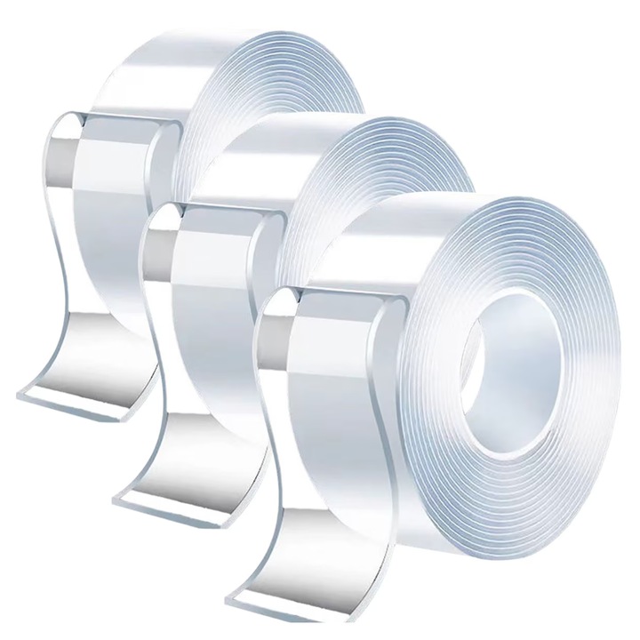 Set 3 Banda dublu adeziva ROVERIM Calitate Exceptionala, transparenta, latime 3 cm, lungime 3 metri, Grosime 2mm, puternica cu Tehnologie Nano, rezistenta la apa