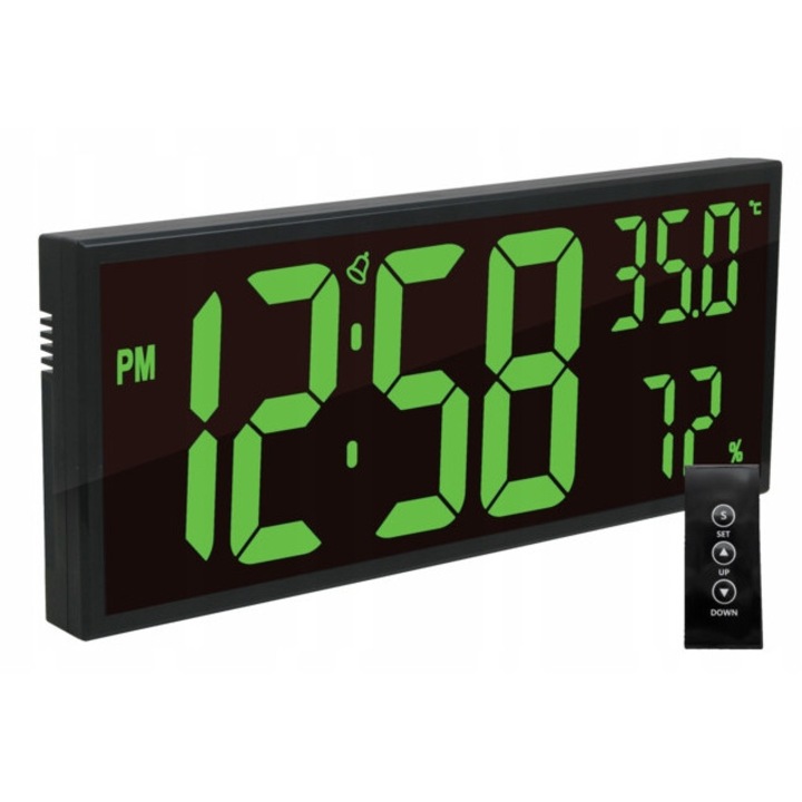 Ceas LED JVD DH309.3 cu alarma, termometru, higrometru, verde, 41x17x3cm