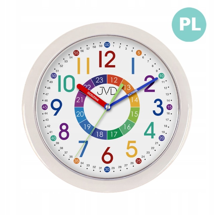 JVD oktató falióra, HP612.D13 modell, fehér, 25cm, kvarc szerkezet, színes design
