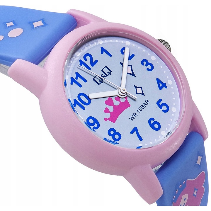 Ceas copii Q&Q V23A-019V, roz, 30x10mm, curea albastra, rezistent la apa WR100