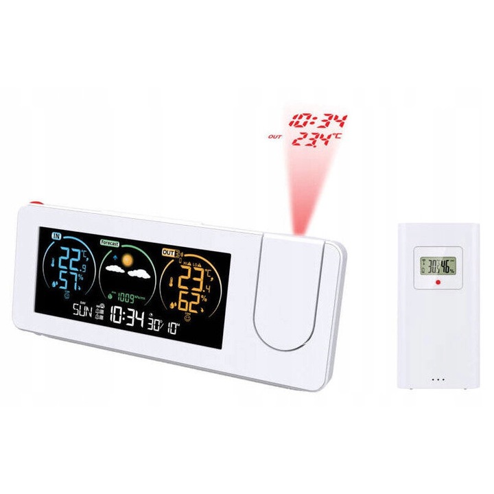 Statie meteo cu proiector JVD RB3538.2, alb, 20,5x8x4cm, 2 alarme, senzor de umiditate