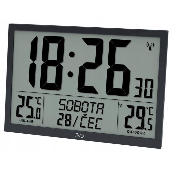 Ceas decorativ JVD RB9412.1, termometru, alarm, sonda externa, 42x29cm, negru