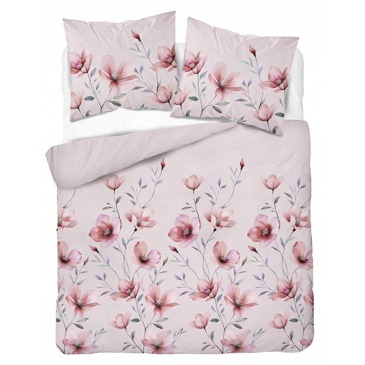 Lenjerie de pat, Detexpol, 180x200cm, flori, roz pudrat, 2 posve.