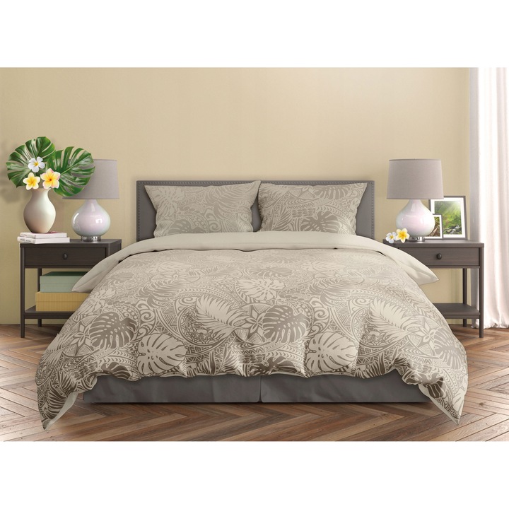 Set lenjerie de pat 160x200 cm, Milagro Verde, 100% bumbac satinat, 2 fete de perna 70x80 cm, crem, FARO